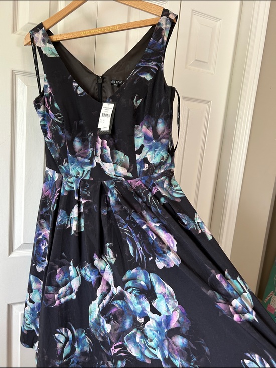 City Chic Dresses & Skirts - Floral V-Neck Black Dress with Blue-Purple Accents